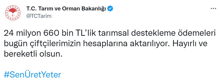 ocak 2023 tarimsal destek odemesi yapildi